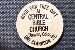 Vintage Wooden Nickel Central Bible Church Denver Colorado Black - Picture 1 of 2