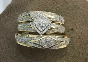 2.53 Ct Lab Created Diamond Wedding His/Her Ring Trio Set 14K Yellow Gold Plated - Picture 1 of 4