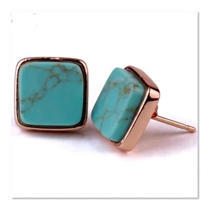 ZARD Natural Turquoise Gemstone Cushion-Cut Stude Earring in Rose-Gold Tone - Picture 1 of 4