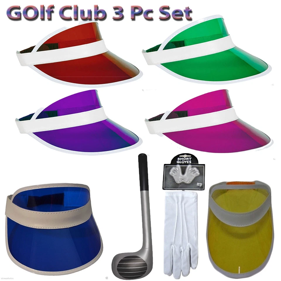 Neon Sun Visor Hat Inflatable Golf Club Gloves Unisex 1980’s Poker Fancy Dress - Image 1 of 1