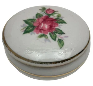 Porcelain Round Trinket Box Rose Décor Vanity Dish Made In Japan 2.5" W x 1.5" T - Picture 1 of 5