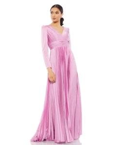 IEENA MAC DUGGAL Size 12 Lilac Pleated Long-Sleeve V-Neck Satin Gown $458 - Foto 1 di 9