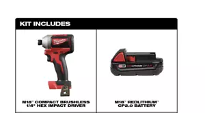 Milwaukee 2850-20 M18 Brushless 1/4" Hex Impact Driver + 18V 2AH Li-Ion Battery  - Picture 1 of 6