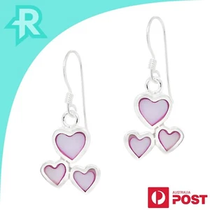 Trio Heart Coloured Shell Sterling Silver 925 Hook Earrings - Picture 1 of 14