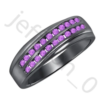 Anillo para hombre 0,90 quilates de amatista creada en laboratorio de oro negro de 14 quilates con banda de dos filas Foto 1 de 4