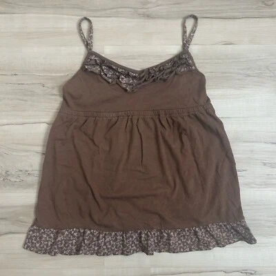 Vtg Brown Tie Back Cami Ruffles Tank Top Woman’s Size Large Y2K Fairycore Grunge - Image 1 of 4