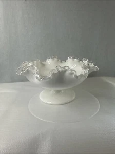 Fenton Silver Crest Ruffle Edge Pedestal Glass Pedestal Compote Candy Dish White - Picture 1 of 9