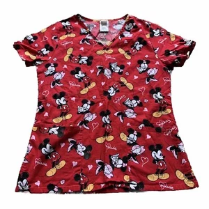 Disney Medical Scrub Mickey And Minnie Hearts 100% Cotton Shirt Top Women’s XS - Picture 1 of 5
