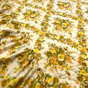 Vintage MCM 70s Yellow Floral Ruffled Quilted Rectangular Bedspread Size Twin