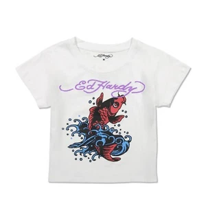 Ed Hardy Women Size Large Y2K Koi Fish cropped Tee Shirt Baby Tee New With Tags - Picture 1 of 5