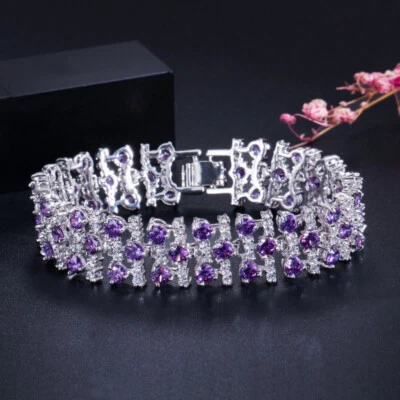 Silver Plated Wedding Blue Cubic Zirconia Wide Tennis Bracelet for Women Jewelry - Image 1 of 4