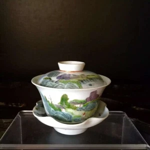 Qing Dy Imperial porcelain tea cup Gaiwan fine painted light green landscape 慎德堂 - Picture 1 of 9