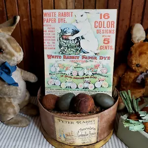 PRIMITIVE ANTIQUE VINTAGE VICTORIAN RETRO STYLE EASTER WHITE RABBIT EGG DYE SIGN - Picture 1 of 11