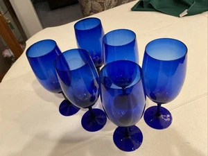 Vintage Set 6 Libbey Cobalt Blue Tapered Stem Teardrop Goblets Wine Water - Picture 1 of 6