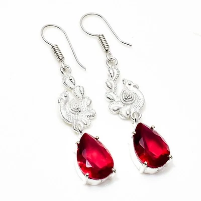 925 Sterling Silver Red Garnet Gemstone Handmade Jewelry Earring Size-1.8" - Image 1 of 4