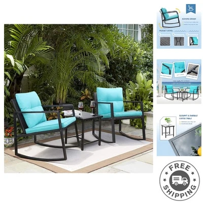 Stylish Outdoor 3-Piece Rocking Wicker Set with Glass Table – Blue Decor Delight - Image 1 of 4
