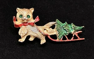 Beatrix Cat Pulling Christmas Tree on Sleigh Enamel Gold Tone Pin Brooch - Picture 1 of 6