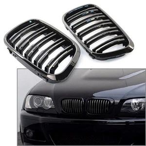Pair Front Twin Bar Grille Gloss Black For BMW 3 Series E46 1999-2001 4 Door - Picture 1 of 10