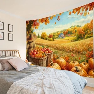 Orange Harvest Pumpkin Farmhouse Fall Tapestry for Bedroom Living Room Dorm - Picture 1 of 13