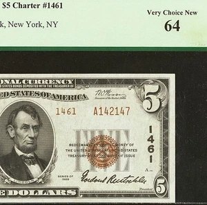 1929 $5 The National City Bank of New York Ty.2 Ch# 1461 PCGS 64 Very Ch New BXE - Picture 1 of 4