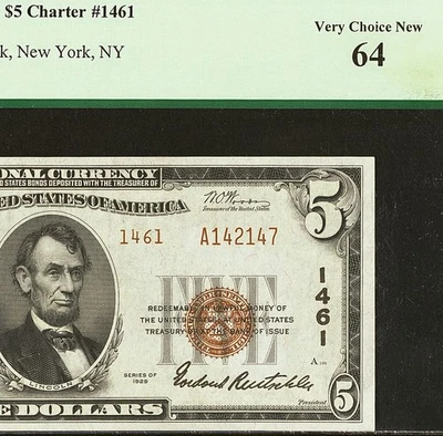 1929 $5 The National City Bank of New York Ty.2 Ch# 1461 PCGS 64 Very Ch New BXE - Image 1 of 4