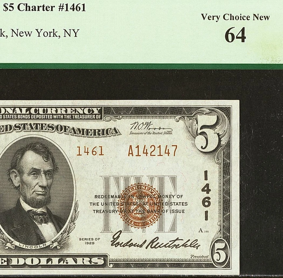 1929 $5 The National City Bank of New York Ty.2 Ch# 1461 PCGS 64 Very Ch New BXE - Image 1 of 4