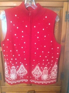 TALBOTS Red CHRISTMAS VEST with Pearly Sequins Full Zip 100% Merino Wool Size M - Picture 1 of 7