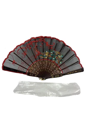 Ventilador de mão dobrável feminino vintage bordado pavão transparente preto dourado vermelho anos 70 - Imagem 1 de 4