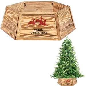 31.5'' Christmas Tree Collar Skirt Foldable Wooden Cover Burned Xmas Tree Decor - Picture 1 of 6