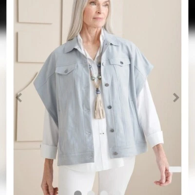 CHICO'S Faux Suede Button Up Pewter Gray Trucker Cape Ruana Size L/XL - Image 1 of 4