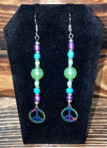 NEW Boho Hippie Peace Sign Beaded Iridescent Metal Pendant Long Dangle Earrings - Picture 1 of 4