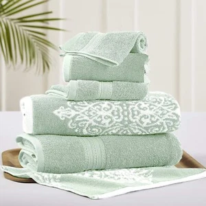 Damask 6-Piece 100% Combed Cotton Reversible Yarn Dyed Jacquard Towel Set Sage - Picture 1 of 5
