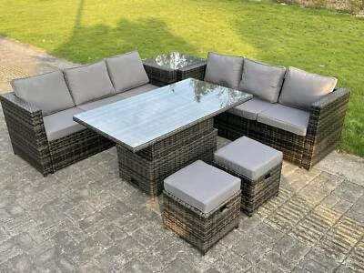 Fimous PE Rattan Garden Furniture Rising Adjustable Table Sets Stool Dark Grey