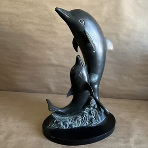 2 Dolphins Jumping Ocean Waves Solid Brass Statue Figures 14” Inches Tall - Picture 1 of 9