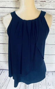 Women’s Medium Tank Top Vintage Suzie Blue Layered Ruffle Silky Stretch U Neck  - Picture 1 of 10