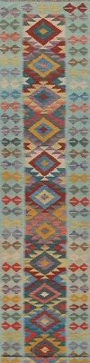 Alfombra de corredor de lana Kilim de tejido plano geométrico verde menta de 16 pies de largo 15' 9" x 2' 7" Foto 1 de 4