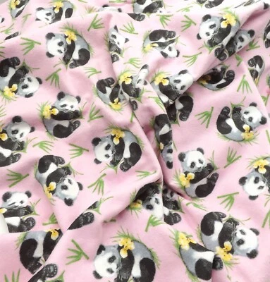 Vintage Pink Background Panda Yellow Flower Bamboo Flannel Fabric 5 yds - Image 1 of 4