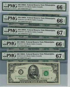 Fr. 2115-C $50 1969A 5 Consec. Federal Reserve Note 66-67 EPQ PMG dc-2481 - Picture 1 of 2