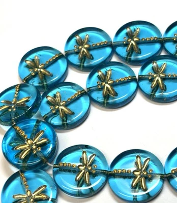 6 cuentas de monedas de libélula de oro con aguamarina de vidrio checo de 17 mm Foto 1 de 3