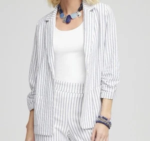 Chico’s Striped Linen White & Blue Stretch Blazer, Size Medium Lined, 2 pockets - Picture 1 of 13