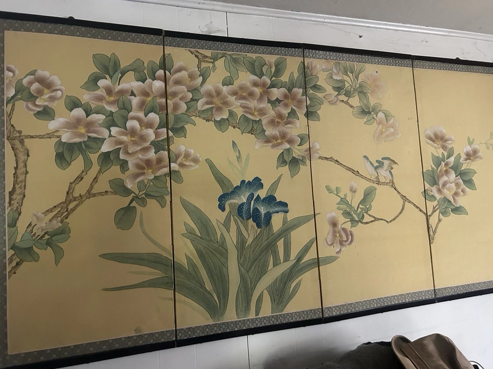 Vintage Asian Art 4 Panel Screen Hand Painted Silk 35 X 60 - Image 1 of 4