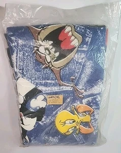 Blanket Vintage Denim Blue LOONEY TUNES 100% Acrylic Satin Trim 64x88" USA - Picture 1 of 4