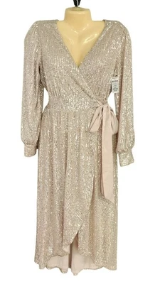 Lauren Conrad Champagne Sparkle Sequin Stunning V Neck Long Sleeve Wrap Dress - Image 1 of 4