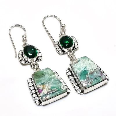 Ruby Fuchsite, Diopside Gemstone 925 Sterling Silver Jewelry Earring 2.36" k410 - Image 1 of 2