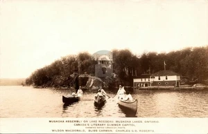 Lake Rosseau ON Canada Muskoka Assembly Poets Canoeing c1920 RPPC Postcard COPY - Picture 1 of 2