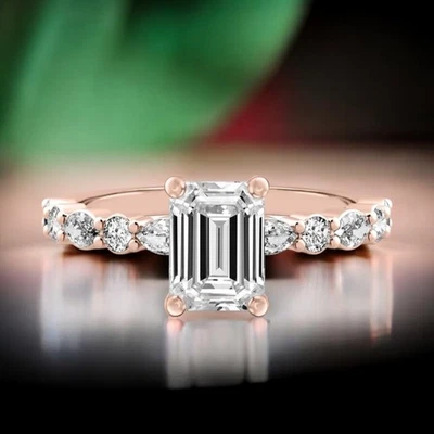 14k Gold Diamond Ring For Wedding Lab Grown Emerald 1.6 Carat IGI Certified Rose - Image 1 of 4