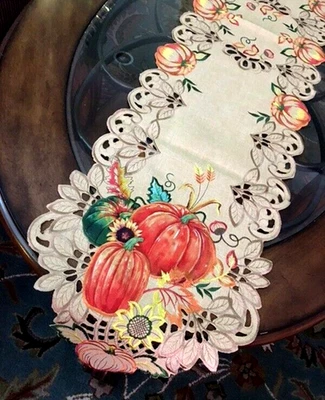 Fall Table Runner Sunflower Pumpkin Embroidered Thanksgiving Decor 68"x 13" - Image 1 of 4
