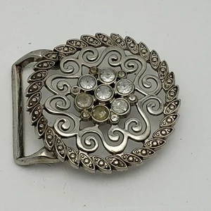 Floral Scroll Belt Buckle Coastal Cowgirl Open Work Rhinestones Vintage 90s - Picture 1 of 5