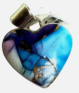 Heart-Shaped Sterling Silver Pendant With Purple Mojave Dahlia & Blue Turquoise - Picture 1 of 4