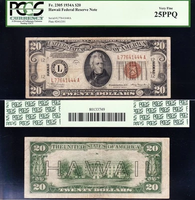 VERY NICE Bold & Crisp VF+ 1934 A $20 HAWAII Federal Reserve Note! PCGS 25 PPQ! - Image 1 of 3
